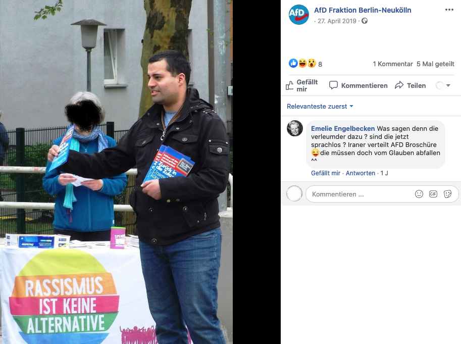 Amin Khazaeli verteilt Propaganda für die AfD-Bezirksfraktion Neukölln.  Quelle: Facebook